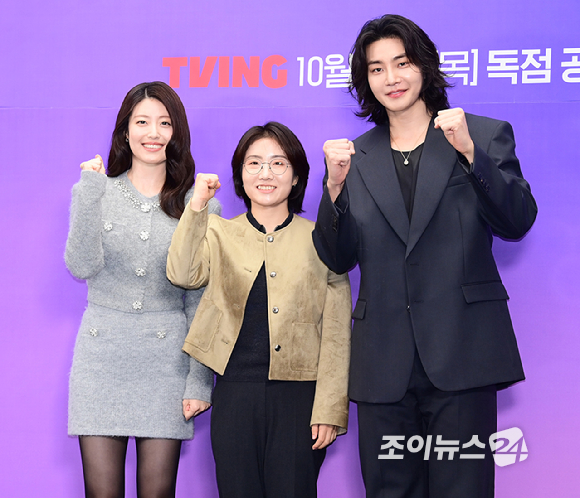 배우 남지현-김예지 감독-배우 김재영이 14일 오전 서울 마포구 상암동 스탠포드호텔에서 열린 티빙 오리지널 시리즈 '내가 떨릴 수 있게' 제작발표회에 참석하고 있다. [사진=정소희 기자]