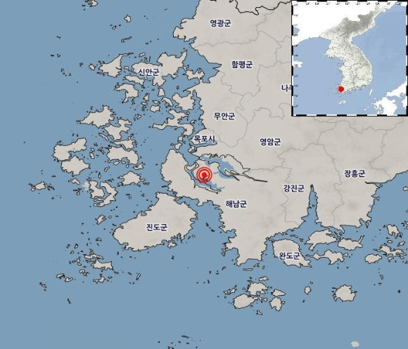 23일 오전 6시 43분께 규모 3.1 지진이 발생한 전남광주 해남 서북서쪽 21㎞ 지점. [사진=기상청 제공]