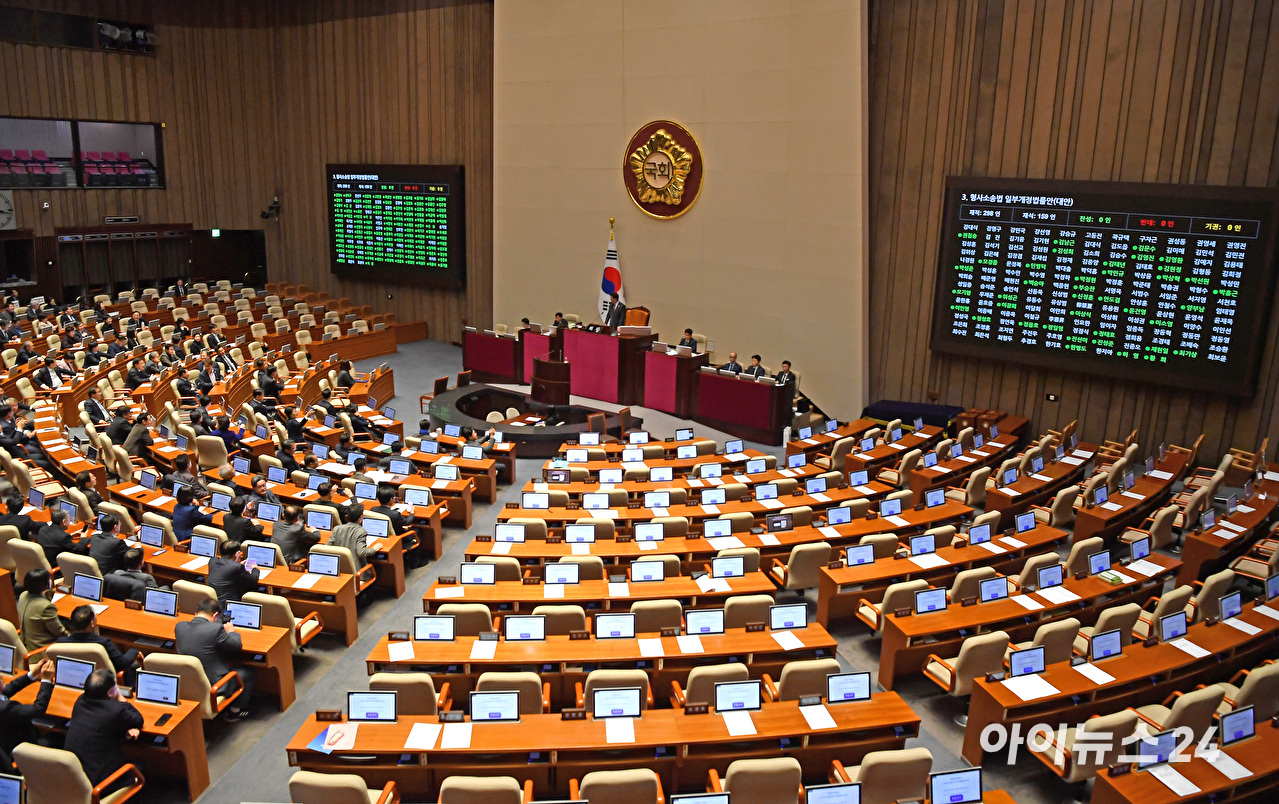 12일 서울 여의도 국회에서 열린 본회의에서 형사소송법 일부개정법률안(대안)이 통과되고 있다. [사진=곽영래 기자]