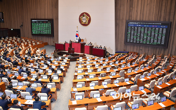 11일 오후 서울 여의도 국회에서 열린 본회의에서 김건희와 명태균&middot;건진법사 관련 국정농단 및 불법 선거 개입 사건 등 진상규명을 위한 특별검사 임명 등에 관한 법률 일부개정법률안(대안)이 통과되고 있다. [사진=곽영래 기자]