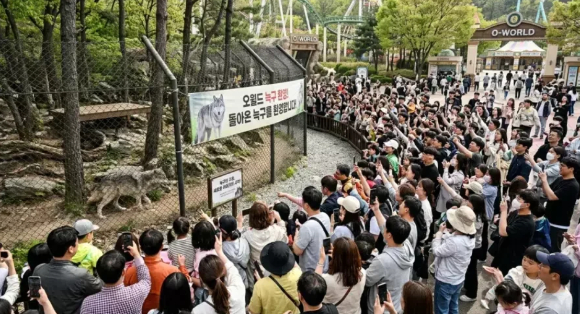 '오월드 예상 풍경' 이라며 늑구를 보러 오월드에 몰린 인파를 합성한 AI 이미지 [사진=온라인 커뮤니티]