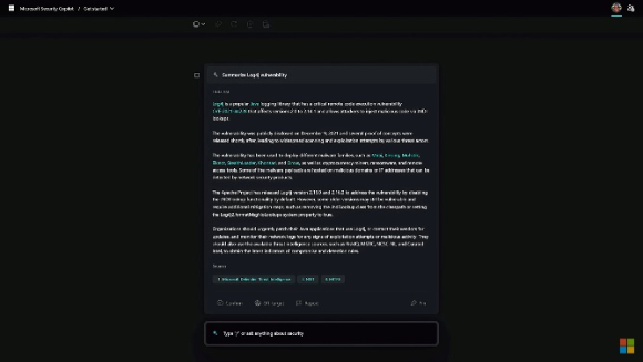 시큐리티 코파일럿은 보안 전문가의 간단한 프롬프트 명령에 따라 위협 인텔리전스를 요약하고 분석한다. 사진은 데모영상 캡쳐 이미지. [사진=MS]