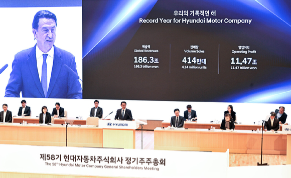 호세 무뇨스(Jos&eacute; Mu&ntilde;oz) 현대자동차 대표이사&middot;사장이 26일 현대자동차 양재동 본사사옥에서 진행된 제58기 정기 주주총회에서 인사말하고 있다. [사진=현대자동차]