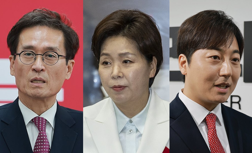 왼쪽부터 함진규 전 의원, 양항자 최고위원, 이성배 전 MBC 아나운서 [사진=연합뉴스]