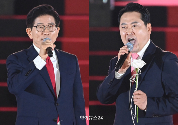 22일 오후 충북 청주 오스코에서 열린 국민의힘 제6차 전당대회에서 결선 진출자로 확정된 김문수 후보와 장동혁 후보가 각각 연설에 나서고 있다. [사진=곽영래 기자]