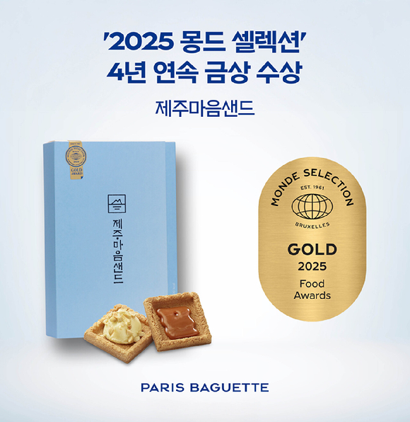제주마음샌드 등 파리바게뜨 4개 제품이 유럽 벨기에의 국제 품질 평가 대회 '2025 몽드 셀렉션'에서 금상에 선정됐다. [사진=파리바게뜨]
