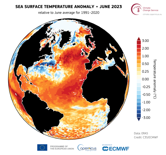 유럽중기예보센터의 분석 자료를 보면 올해 5~6월 바다 수면온도가 1991~2020년 평균온도보다 급상승하고 있다. 올해 6월 전 세계 바다 온도 분포. [사진=WMO]