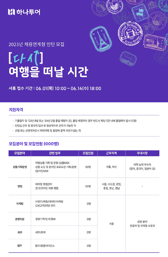하나투어가 6월 1일부터 2023년 채용연계형 인턴을 모집한다. [사진=하나투어]