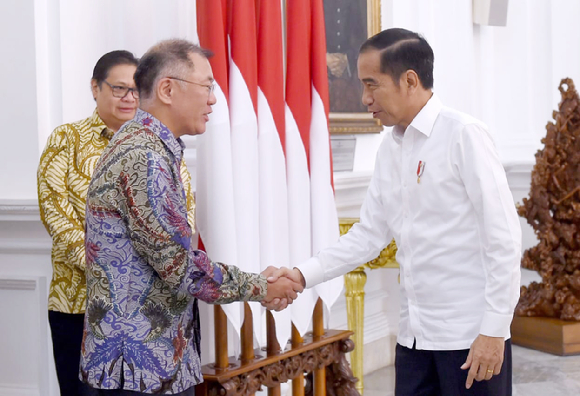 정의선 현대차그룹 회장이 지난 2019년 인도네시아 자카르타 대통령궁에서 조코 위도도 대통령과 만나 인사를 나누고 있는 모습. [사진=뉴시스]