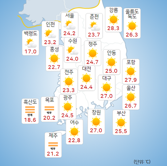 12일 오전 9시 현재 전국 날씨. [사진=기상청 날씨누리]