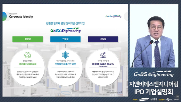  박상순 지앤비에스엔지니어링 대표가 14일 온라인 기자간담회를 열고 코스닥시장 상장 후 전략과 비전에 대해 설명하고 있다. [사진=지앤비에스엔지니어링]