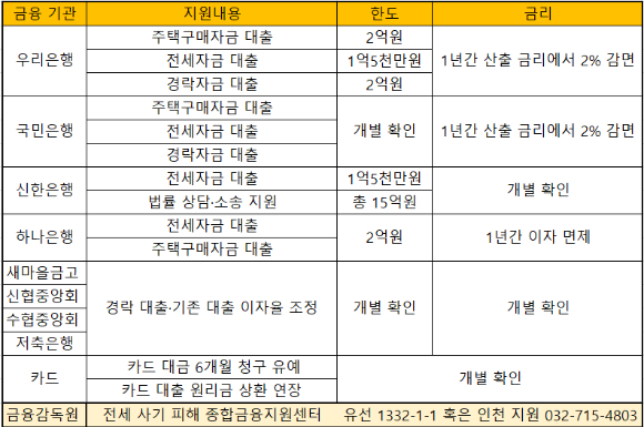 금융권 전세 사기 피해지원책. [자료=각 사]