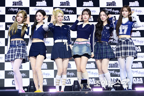 그룹 트리플에스(tripleS) 미소녀즈(msnz) zenith(하연, 연지, 지우, 유빈, 주빈, 수민)가 24일 오후 서울 용산구 블루스퀘어에서 열린 새 앨범 '비욘드 뷰티' 발매 기념 쇼케이스에서 포즈를 취하고 있다. [사진=정소희 기자]