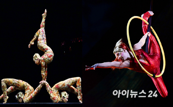 15일 오후 서울 잠실종합운동장 내 빅탑에서 열린 태양의서커스 '쿠자(KOOZA)' 프레스 컨퍼런스에서 배우들이 환상적인 무대를 선보이고 있다. [사진=정소희 기자]