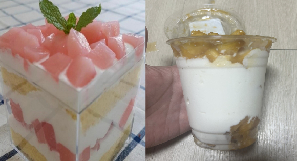 A씨가 배달 앱을 통해 한 카페에서 주문했다는 디저트의 메뉴 사진(왼쪽)과 실제로 받아본 실물 사진(오른쪽). [사진=온라인 커뮤니티 캡처]