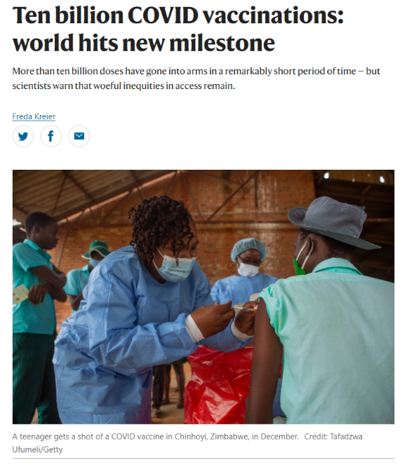 전 세계적으로 코로나19 백신 접종 횟수가 100억회를 넘어섰다. 이 통계 뒷면에는 '몹시 슬픈 불평등'이 존재한다. [사진=네이처]