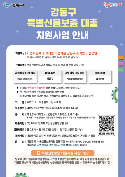 강동구가 관내 소기업&middot;소상공인을 대상으로 597억 3000만원 규모의 '특별신용보증 대출 지원사업'을 추진한다. 사진은 관련 포스터. [사진=강동구]