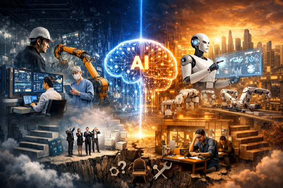 공장&middot;사무실&middot;병원을 가릴 것 없이 산업 전반에 AI가 파고들며 한국 경제의 구조적 전환이 가속화되고 있다. [사진=챗지피티]