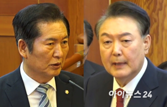 윤석열 대통령과 정청래 국회 탄핵소추위원단장(법제사법위원장)이 지난 25일 탄핵심판 변론종결 기일에 출석해 각각 최후진술을 하고 있다. [사진=헌법재판소. DB 및 재판매 금지]