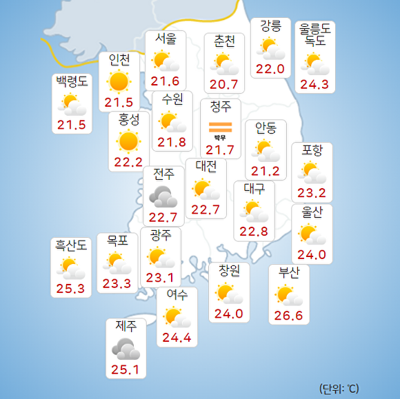 27일 오전 9시 현재 전국 날씨. [사진=기상청 날씨누리]