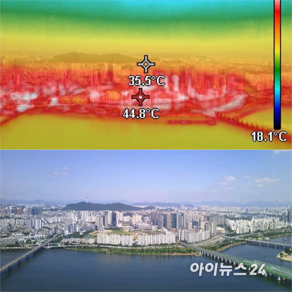 전국적으로 폭염이 이어지는 6일 서울 여의도 63빌딩에서 열화상카메라로 바라본 서울 시내 모습. 온도가 높을수록 붉은색, 낮을수록 푸른색으로 표시된다. [사진=곽영래 기자]