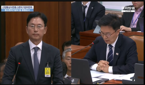 강이구 코오롱베니트 대표(왼쪽)이 29일 산자중기위 종합감사에 증인으로 출석해 정진욱 더불어민주당 의원에게 질의를 받고 있다. [사진=국회방송]