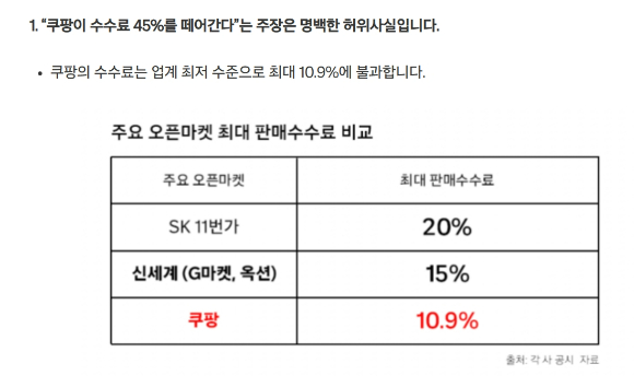 쿠팡이 뉴스룸에 공개한 주요 오픈마켓 최대 수수료. [사진=쿠팡]