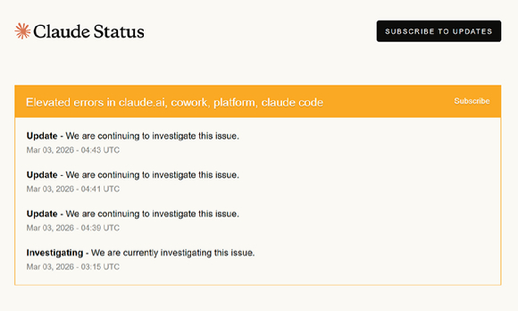 앤트로픽 클로드 상태 페이지. [사진=앤트로픽]