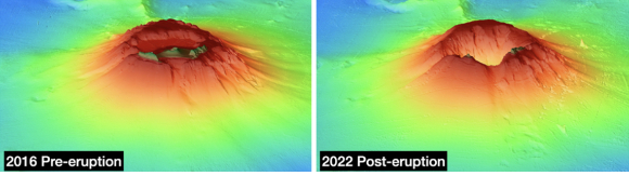 지난 1월 15일 폭발했던 통가화산 전후 모습을 담은 3D 지도가 공개됐다. [사진=극지연구소]