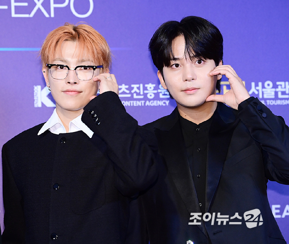 그룹 에이티즈 성화-여상-홍중-종호가 28일 오후 서울 소공동 롯데호텔에서 열린 '2025 NEWSIS 한류엑스포'에 참석하고 있다. [사진=정소희 기자]