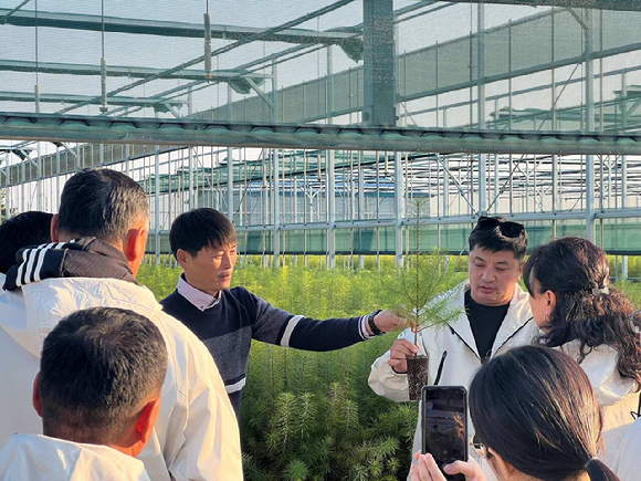 한-몽 그린벨트 사업단 연수팀이 음성 삼성양묘장을 방문해 설명을 듣고 있다 [사진=산림청 ]