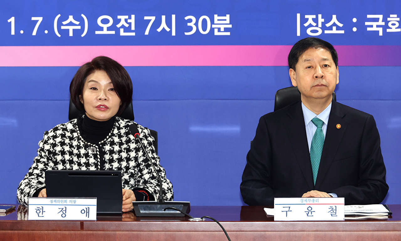 더불어민주당 한정애 정책위의장(왼쪽)이 7일 서울 여의도 국회 의원회관에서 열린 2026년 경제성장전략 당정 협의에서 발언하고 있다. 2026.1.7 [사진=연합뉴스]