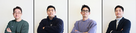 (왼쪽부터) 김성훈 나인비스튜디오 대표, 노정환 옴니크래프트 랩스 대표, 배형욱 룬샷게임즈 대표, 이창명 올리브트리게임즈 대표. [사진=크래프톤]