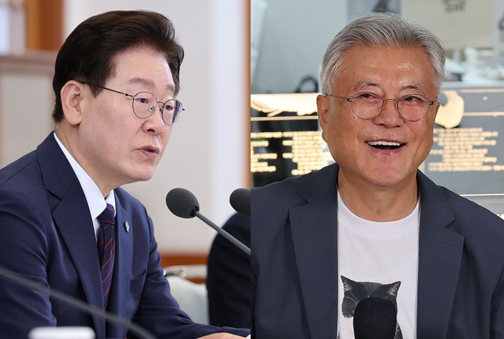 이재명 대통령(왼쪽)이 26일 청와대에서 열린 '미래신안보 혁신기업 육성전략' 회의에서 발언하고 있다. 오른쪽은 서울 강남구 코엑스 서울국제도서전 평산책방 부스에서 열린 북토크에서 인사말을 하고 있는 문재인 전 대통령 [사진=연합뉴스]