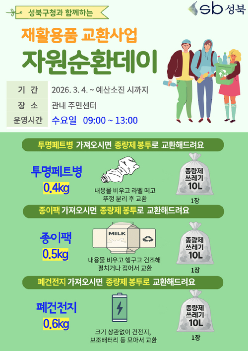 성북구가 재활용 자원의 올바른 분리배출 문화를 확산하고 자원순환 사회 실현을 위해 '자원순환데이'를 시행한다. 사진은 관련 포스터. [사진=성북구]