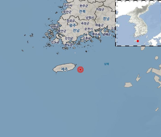 22일 오후 6시47분께 제주 서귀포시 동쪽 약 51㎞ 해상에서 규모 2.0, 최대진도 Ⅰ 의 지진이 발생했다. [사진=기상청]
