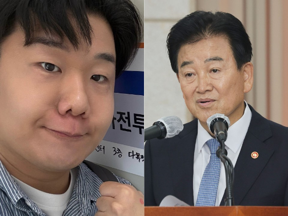 개그맨 겸 시사 크리에이터 이상민 씨(왼쪽)가 22일 정동영 통일부장관에게 게임 '콜오브듀티: 모던워페어4'를 배송했다고 밝혔다. 정 장관이 최근 국정감사장에서 DMZ 지뢰폭발 사건에 대해 "북한 공격으로 특정할 수 없다"고 발언한 걸 겨냥한 것으로 보인다. [사진=이상민 페이스북, 연합뉴스]