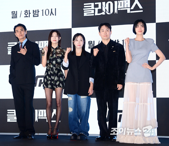 배우 주지훈과 하지원이 10일 오후 서울 구로구 더세인트에서 열린 ENA 월화드라마 '클라이맥스' 제작발표회에서 참석하고 있다. [사진=정소희 기자]