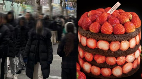 지난 주말 성심당 본점 앞에 많은 사람들이 줄을 서서 기다리고 있다.(오른쪽)성심당 딸기시루 케이크 [사진=온라인 커뮤니티, 성심당 홈페이지]