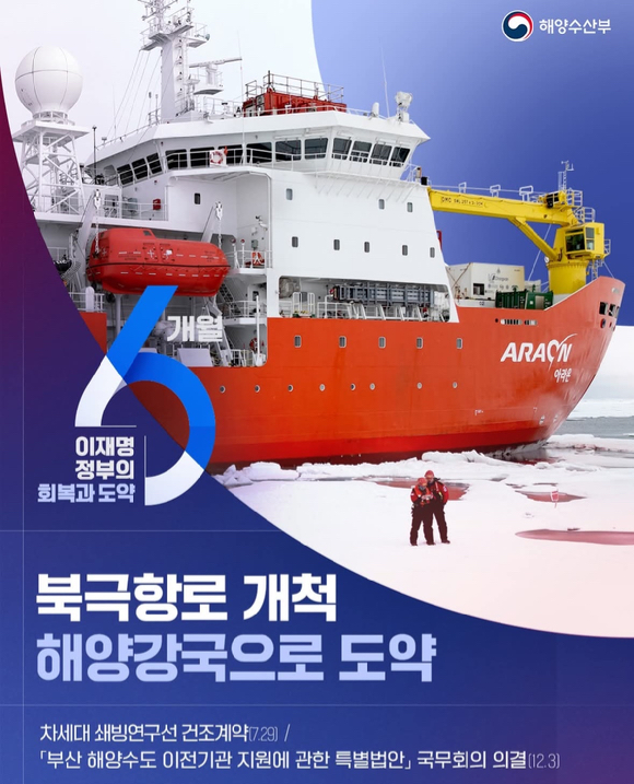 이재명 정부의 '북극항로 개척, 해양강국으로 도약' 메시지를 시각화한 공식 홍보 이미지 [사진=대한민국 해양수산부 공식 페이스북 캡처]