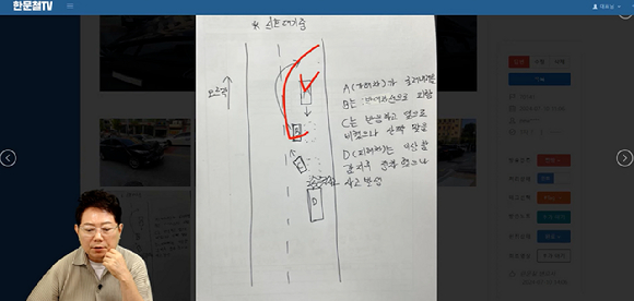 한문철 변호사가 지난 14일 유튜브 채널 '한문철TV' 라이브 방송에서 지난달 춘천 한 도로에서 발생한 경사로 충돌사고를 분석하고 있다. [사진=유튜브 '한문철TV']