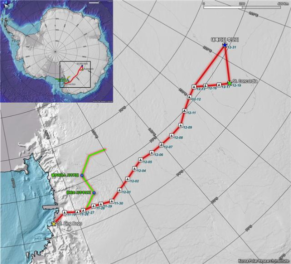 023년도 K-루트 남극내륙탐사 경로 (붉은색: 23/24 탐사경로, 연두색: 기존 과학루트) [사진=극지연구소]