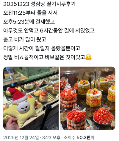 지난 주말 성심당 본점 앞에 많은 사람들이 줄을 서서 기다리고 있다.(오른쪽)성심당 딸기시루 케이크 [사진=온라인 커뮤니티, 성심당 홈페이지]