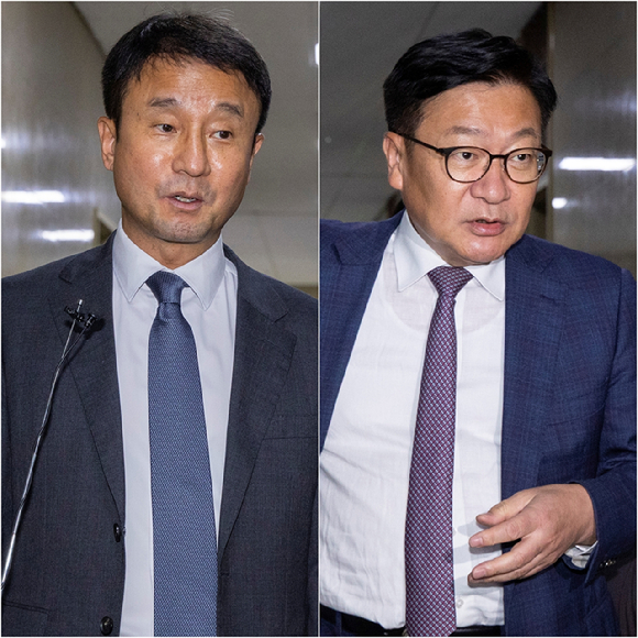  더불어민주당 한병도 당 대표 직무대행 겸 원내대표(왼쪽)와 국민의힘 정점식 원내대표가 16일 국회에서 여야 원내대표 회담을 마친 뒤 이동하고 있다. [사진=연합뉴스]