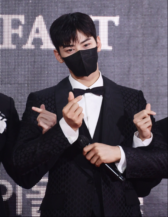 그룹 아스트로 차은우가 2일 온라인으로 진행된 '2021 더팩트 뮤직 어워즈(THE FACT MUSIC AWARDS-TMA)' 레드카펫 행사에서 포즈를 취하고 있다. [사진=더팩트 뮤직 어워즈]