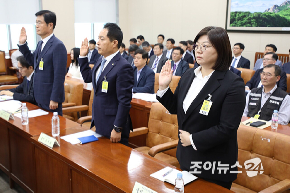 김주영 어도어 대표이사 겸 하이브 최고인사책임자가 15일 오후 국회에서 열린 환경노동위원회의 국정감사에 증인으로 출석해 증인 선서를 하고 있다. [사진=곽영래 기자]