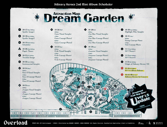엑스디너리 히어로즈가 첫 대면 쇼케이스 무대에 올랐다.(왼쪽 준한, 건일, 가온_오른쪽 오드, 주연, 정수). [사진=JYP엔터테인먼트]