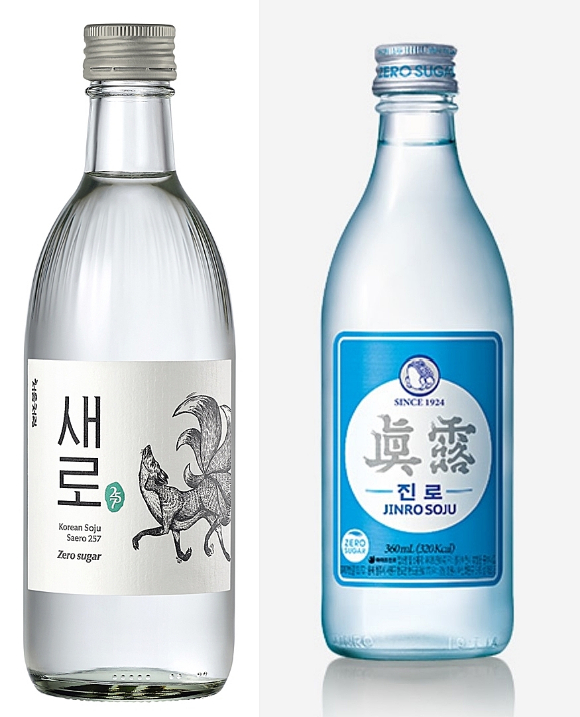 롯데칠성음료의 '처음처럼 새로'(왼쪽)와 하이트진로 '제로슈거 진로'(오른쪽) [사진=롯데칠성음료, 하이트진로]
