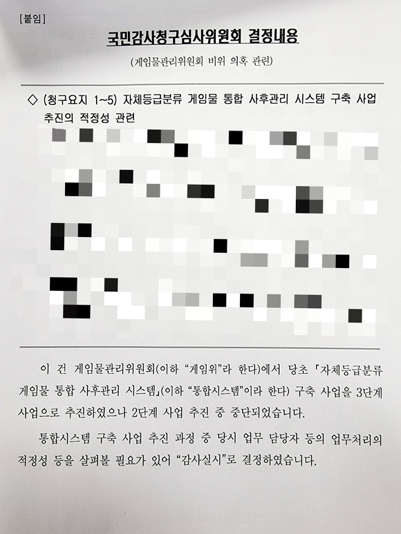 게임물관리위원회가 감사원으로부터 감사를 받는다. 사진은 이상헌 의원실이 공개한 감사실시 결정 공식 통보서로 청구 요지는 보안상 모자이크 처리됐다. [사진=이상헌 의원실]