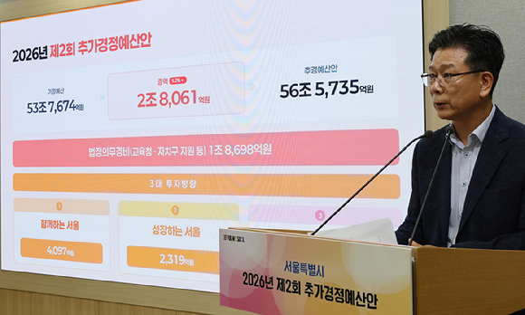 이동률 서울시 기획조정실장 직무대리가 10일 서울시청에서 '2026년 제2회 추가경정예산안'에 대해 설명을 하고 있다. [사진=연합뉴스]